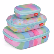 Three colorful zip-up storage cases with floral and striped patterns on a white background.