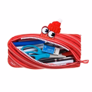 Red zipper pouch with stationery items and a cartoon face on a white background