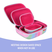 Set of pink nesting containers with a colorful lid on a white background